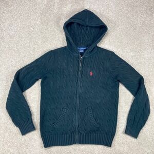 Ralph Lauren Sport Cable Knit Zip Hoodie Kids Large Black Front Zip Classic Prep